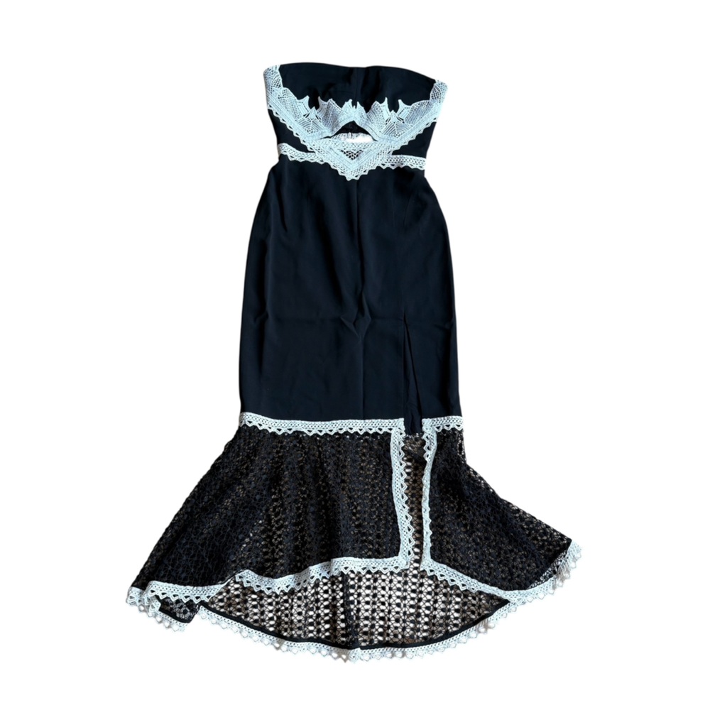 Jonathon Simkhai Lace Pattern Long Black White Dress Ruffle Hem Womens 8